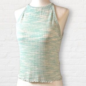 𝅺MUDD Green and white crop top bare shoulders high neck stretchy size large
